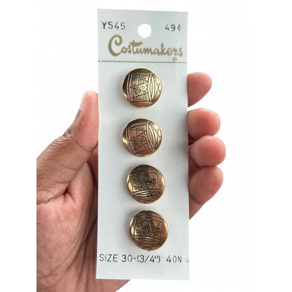 Vintage Buttons Costumakers Gold Metal Novelty Sewing Set 3/4" New Old Stock 4pc
